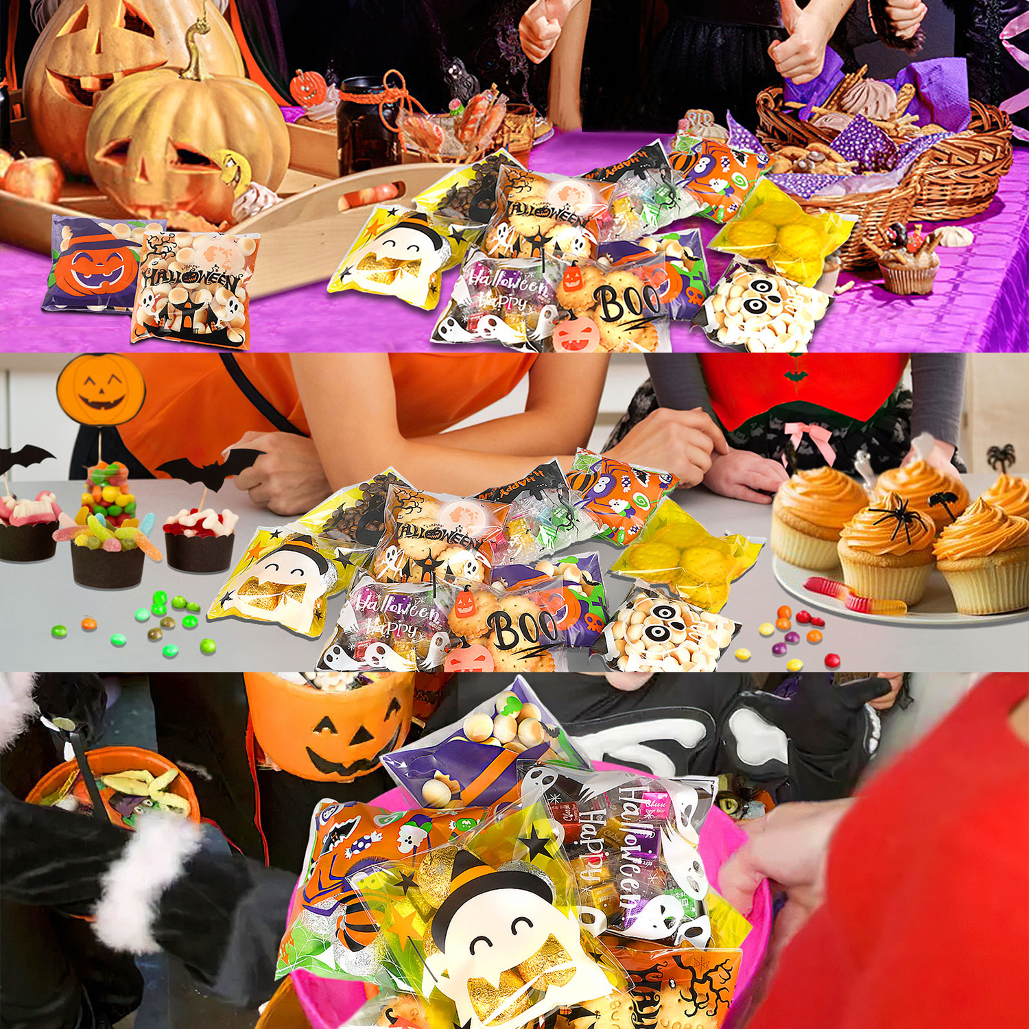 450 bolsas de celofán para dulces de Halloween, autoadhesivas y transparentes, para dulces y galletas, diseño de calabaza, fantasma, gato negro y calavera, bolsas de truco o trato para fiestas de cumpleaños y Halloween — imagen 4