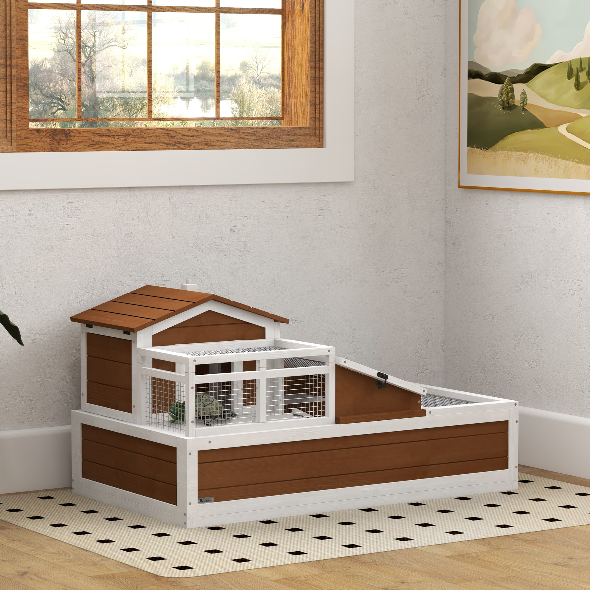3-Room Tortoise Habitat House W/ Balcony & 2 Stories, 44" X 25.5" X 25", Coffee — imagen 1