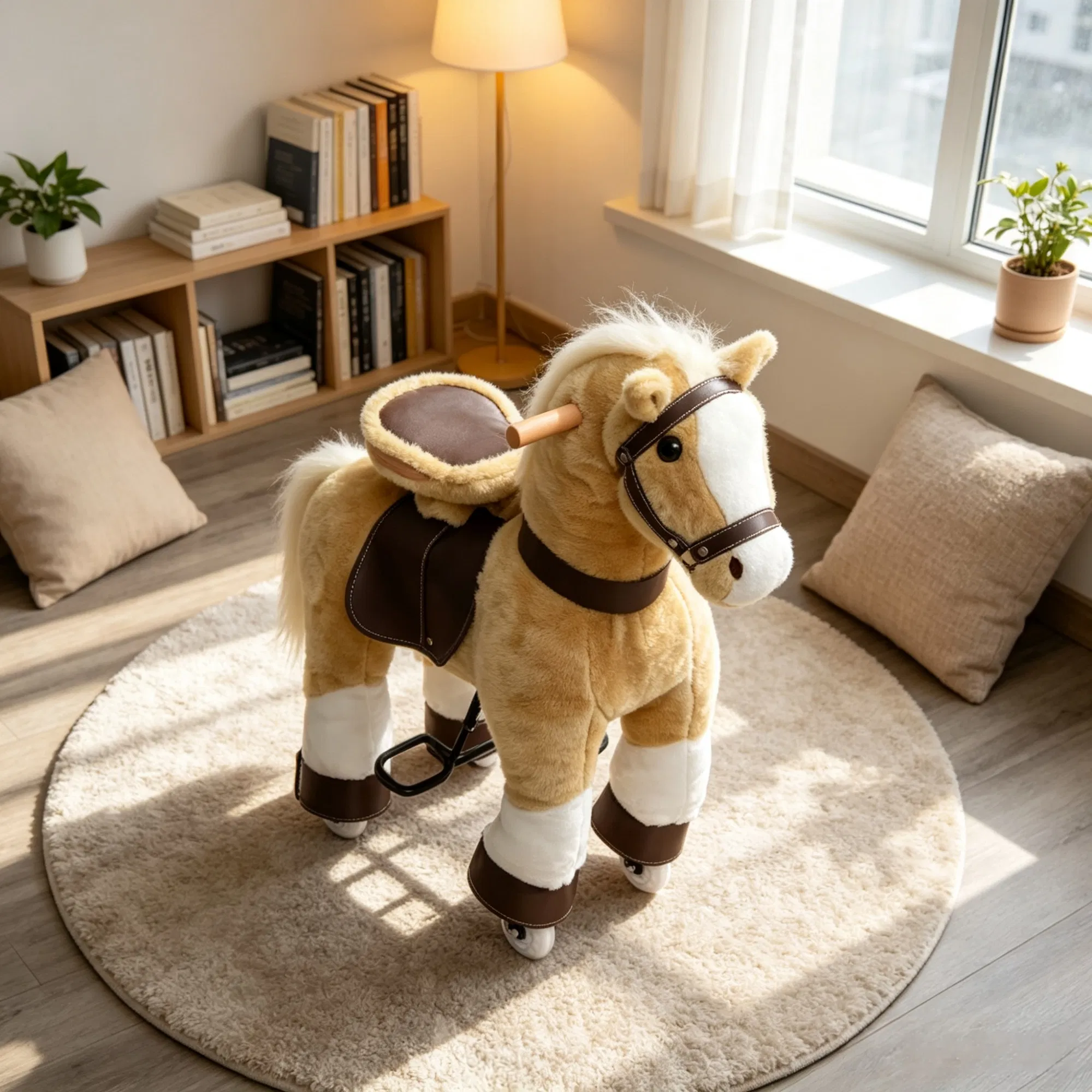 Light Brown Plush Walking Horse Ride-On Toy: Sturdy Wheeled Kids Riding Chair for 3-8 Years Old — imagen 2