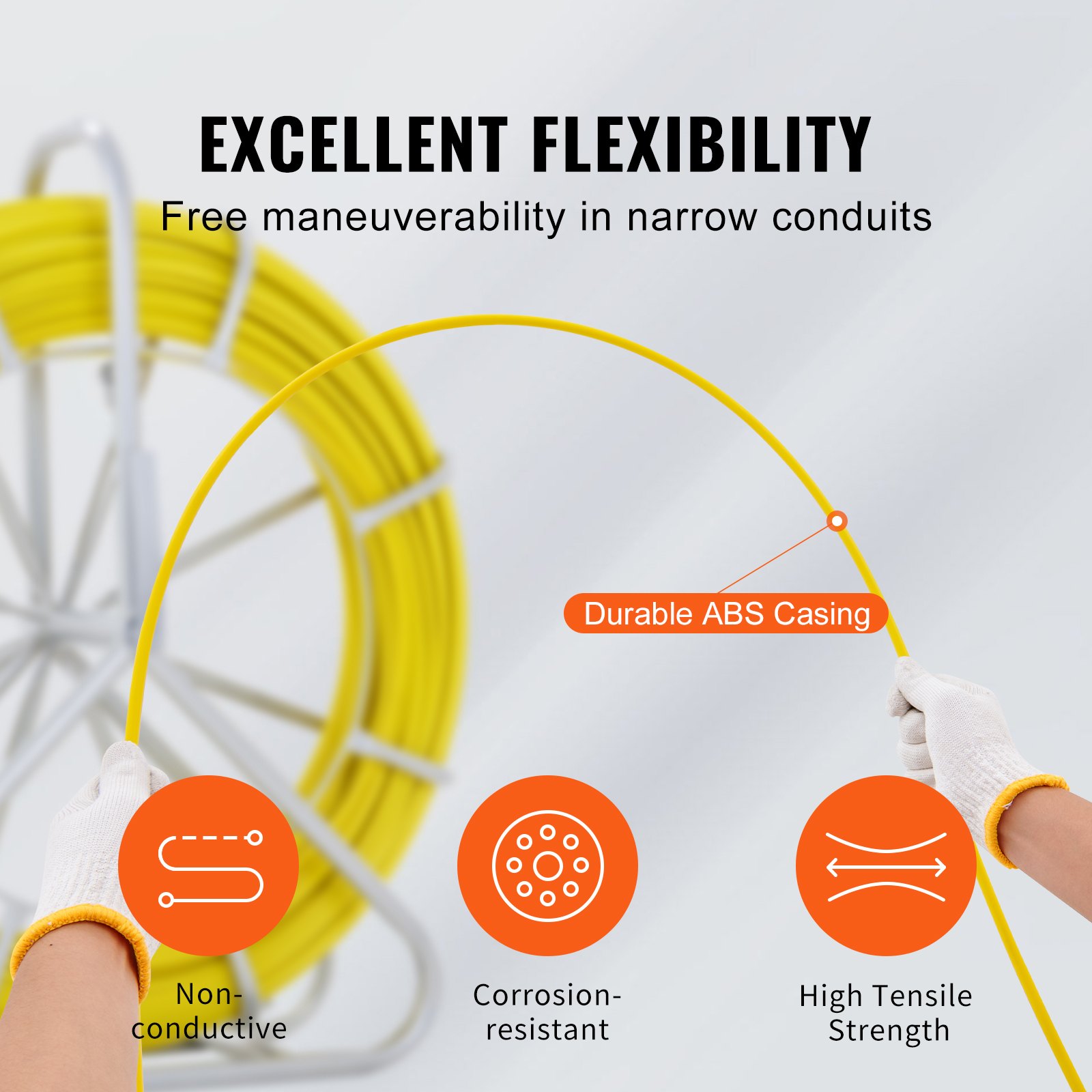 Tubo de Pescador VEVOR de Fibra de Vidrio, 492 pies, Accesorio para Cable con 3 Cabezas de Extracción y Soporte de Rueda de Acero, Herramientas para Pesca en Muros y Conduits Eléctricos No Conductores — imagen 6