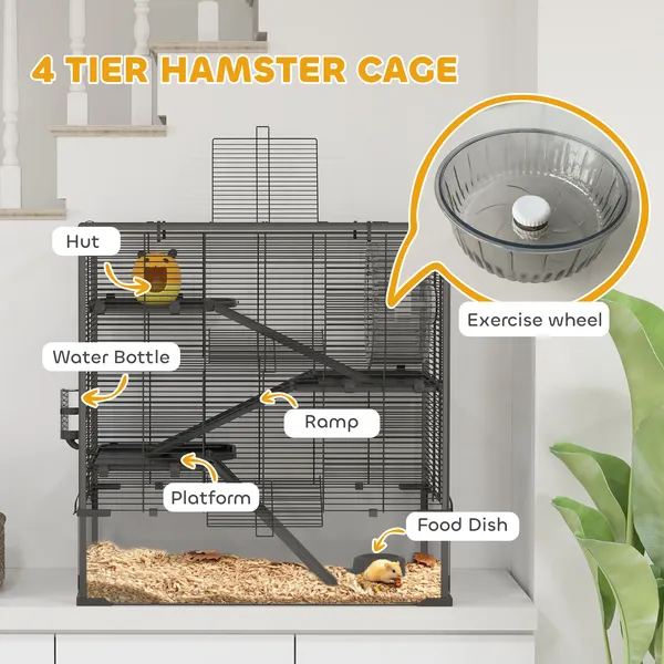 4 Tier Hamster Cage With Deep Tempered Glass Bottom, Running Wheel, Hut, Water Bottle, Food Dish — imagen 2
