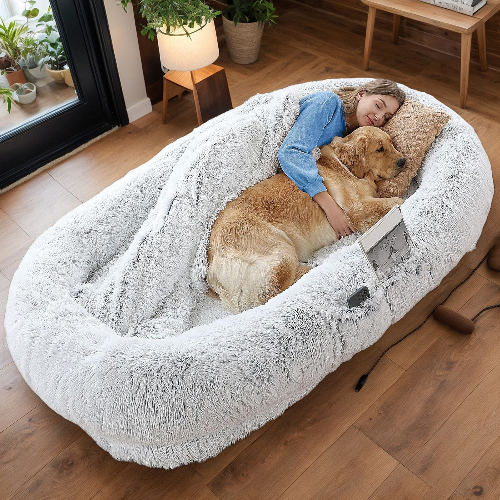Cama para Humanos y Mascotas, Felpa Sintética Lavable para Descansar Juntos, Colchón Ortopédico de 71''x45''x14'', Perfecto para Tú y Tu Compañero (Gris) - Cobijas y Almohadas NO INCLUIDAS — imagen 5