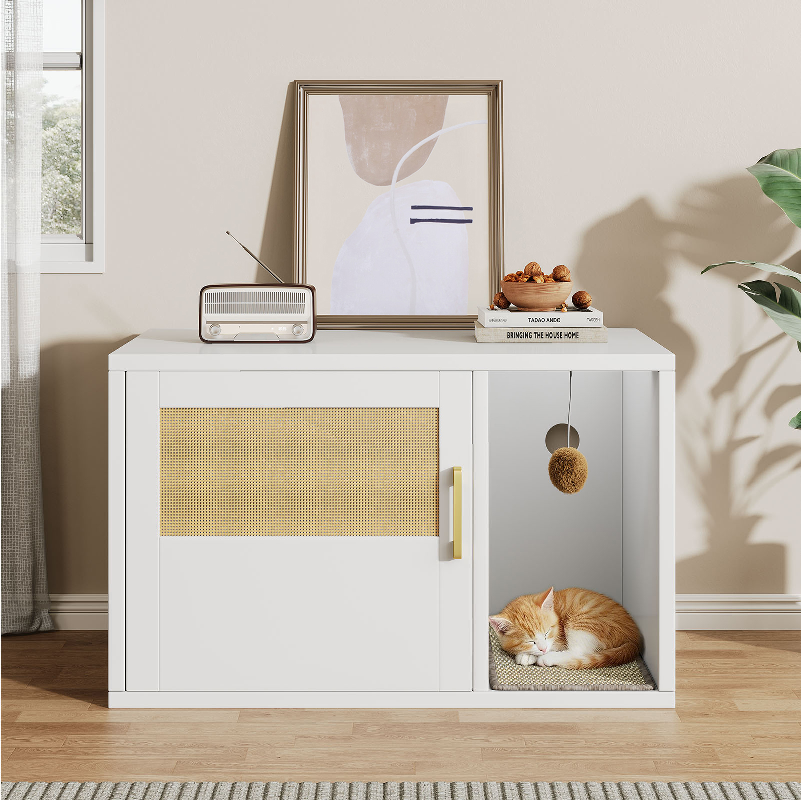 Caja de Limpieza para Gatos Multifuncional de Diseño Blanco Moderno Casa para Gatos con Lavabo y Mesa de Sílabo para Dormitorio y Salón — imagen 1