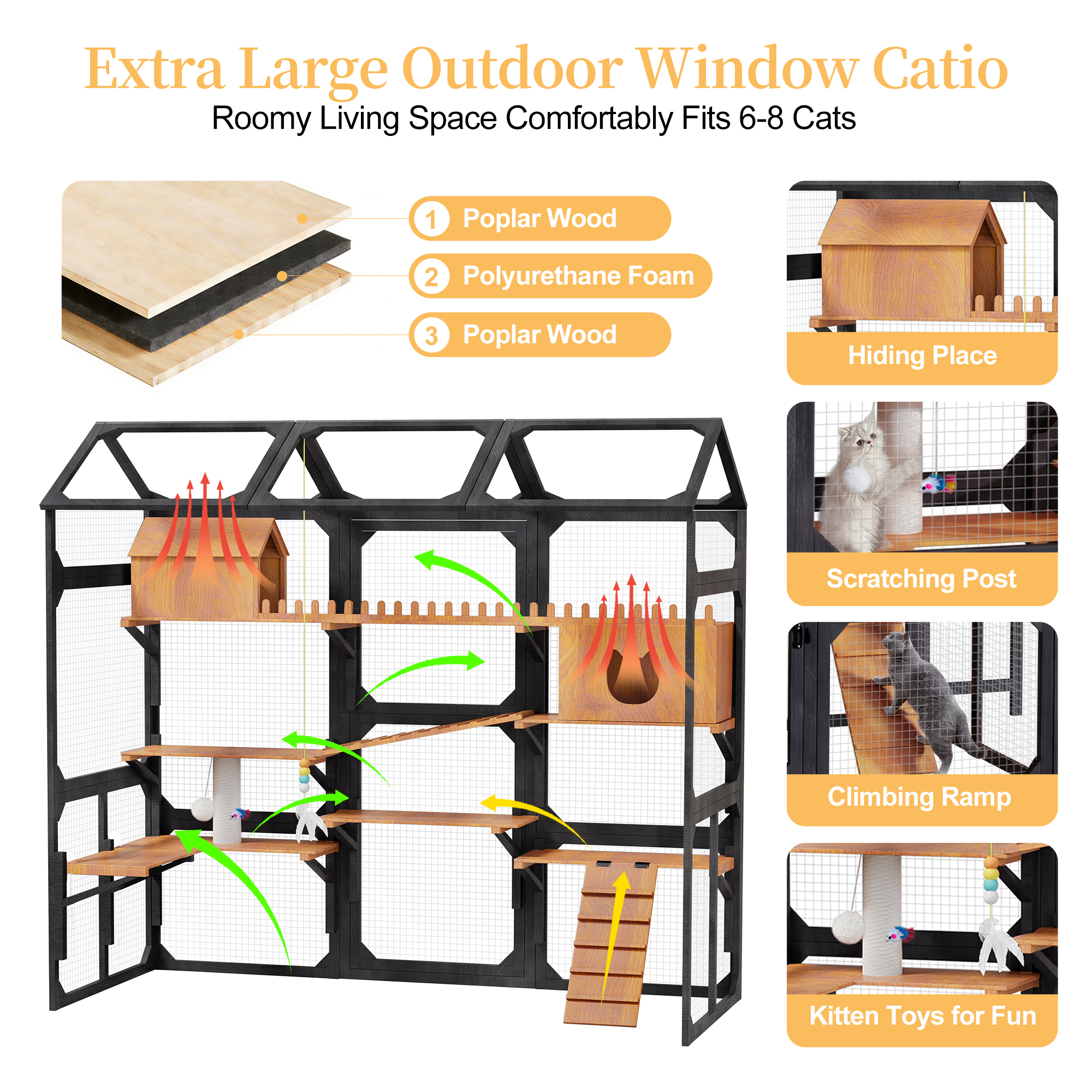 Cierre Exterior para Gatos Grande con 2 Soportes de Plantas, Jaula Multinivel para Gatos con Techo Resistente al Tiempo, Box de Descanso, Rampas de Escalada y Malla Metálica para Patio, Negro — imagen 5