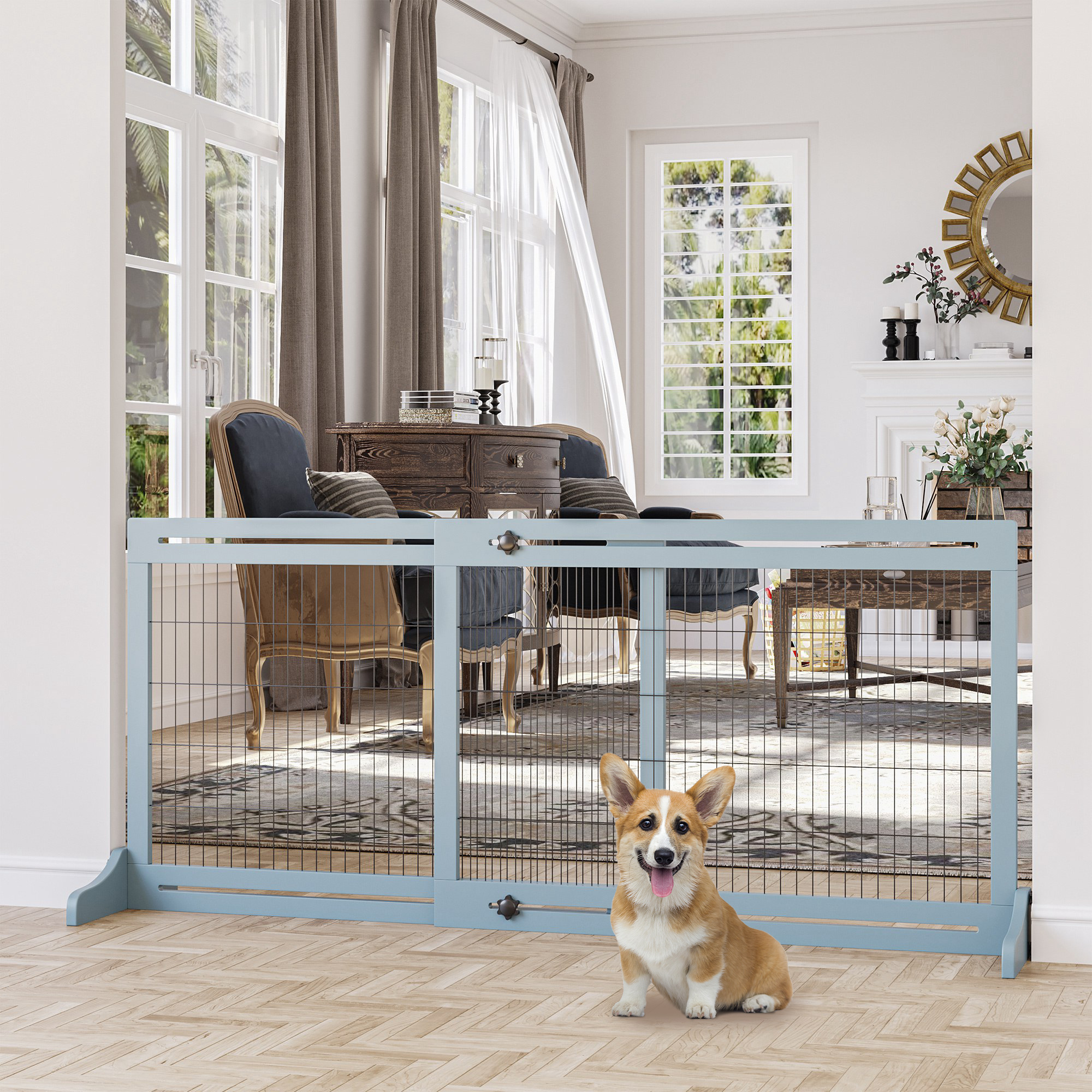 71" W X 27.25" H Extra Wide Freestanding Pet Gate With Adjustable Length Dog, Cat, Barrier For House, Doorway, Hallway, Blue-Gray — imagen 1