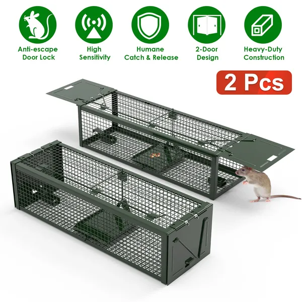 2Pack 15.35x4.72x3.94in 2-Door Humane Live Rat Trap Galvanized Iron Rodent Trap Cage Reusable For Home Garden Farm Warehouse — imagen 1