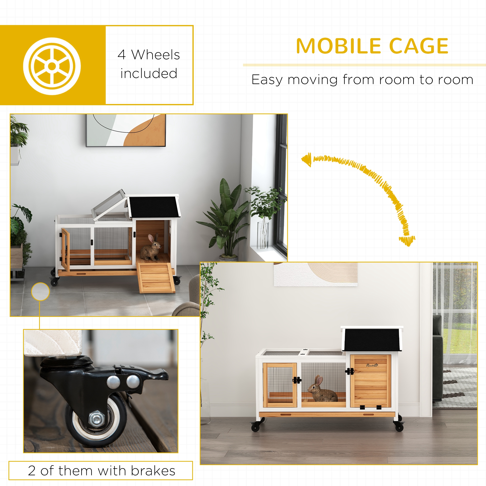 Wooden Rabbit Hutch with Wheels, Run, Slide-out Tray for Small Animals, Guinea Pig, Yellow — imagen 7