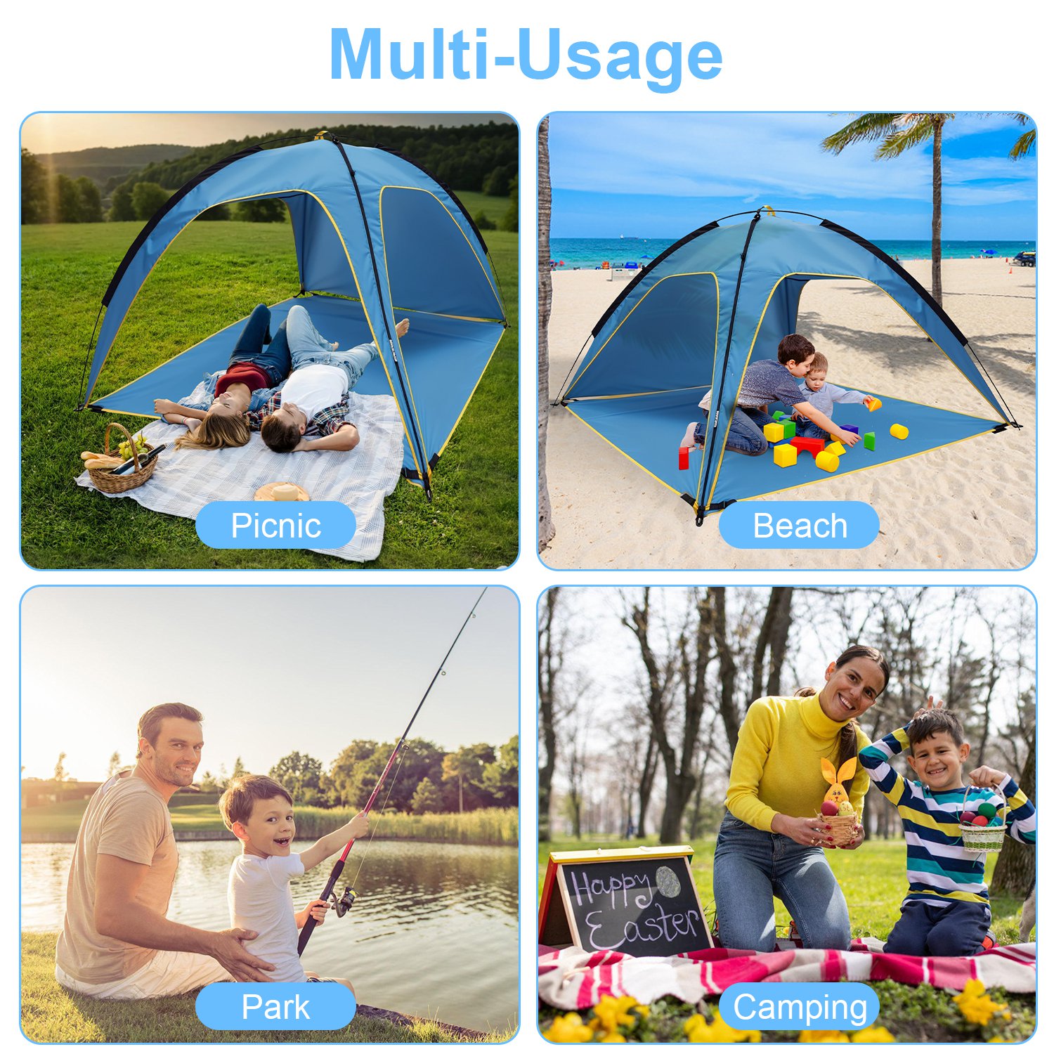 Toldo de Playa para 4-6 Personas con 3 Aberturas de Puerta, Bolsa de Transporte, UPF50, Impermeable, para Playa, Picnic, Campamento, Senderismo, Aventura y Pesca — imagen 12