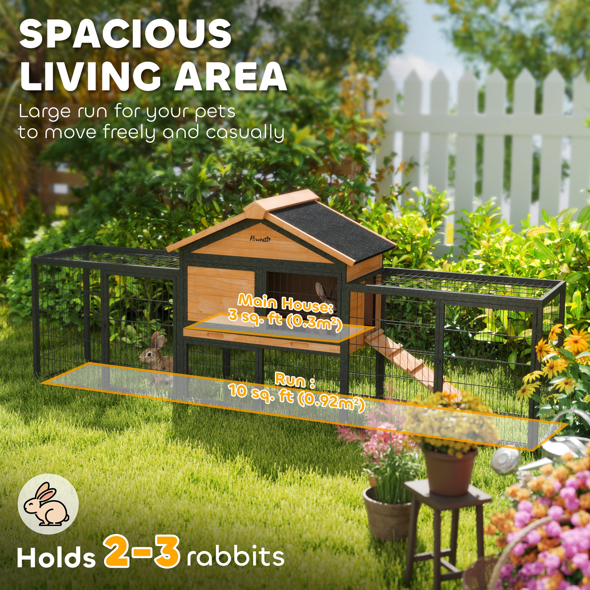 Casa para Conejos de Madera Exterior, 85" Gran Caja para Conejos con Corral de Acero, Plato Removible y Techo de Asfalto — imagen 4
