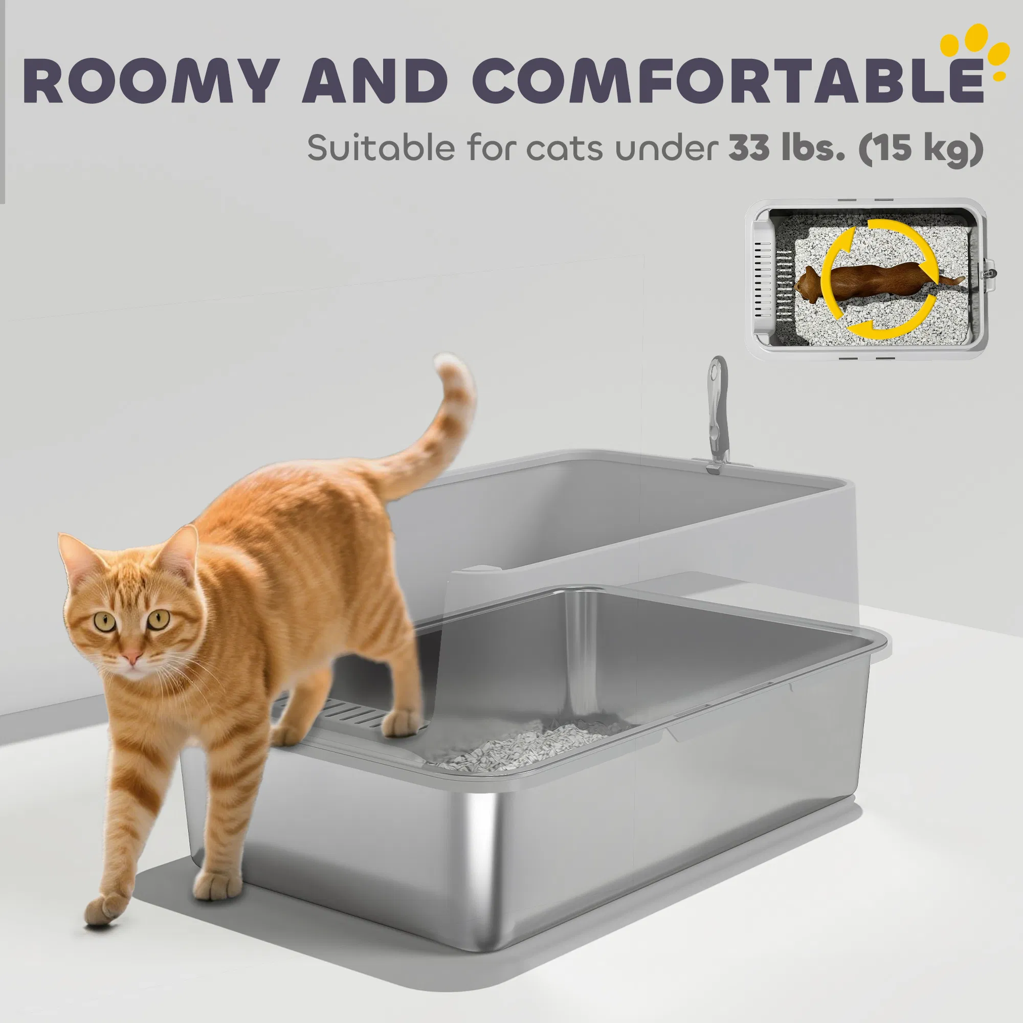 XL Stainless Steel Cat Litter Box for Big and Multiple Cats with High Wall Side, Scoop, Easy Cleaning & Odor Free — image 5
