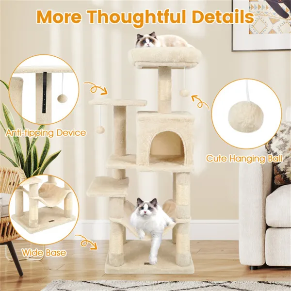 44" Multi-Level Cat Tree With Spacious Top Perch, 2-Door Condo & Hammock For Indoor Cats -Beige — image 4