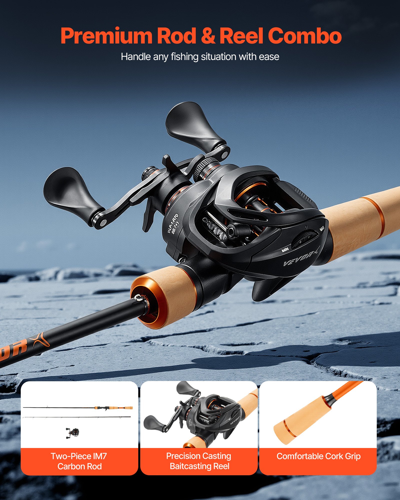 Combo de Caña y Reel de Pesca para Cazadores de Básico con Fibra de Carbono IM7, Sistema 6+1 BB, Proporción de Enganche 7.0:1, Manija de Cork, Guías de Acero Inoxidable con Anillos Cerámicos — imagen 3