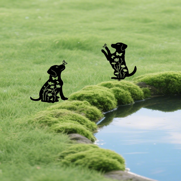 2 decoraciones de jardín de perro metálicas, adorables estacas con silueta de cachorro. Estas piezas decorativas de arte de patio para exteriores, ideales para amantes de los perros, crean encantadoras decoraciones de jardín y estatuas de exterior, añadiendo un toque de f — imagen 6