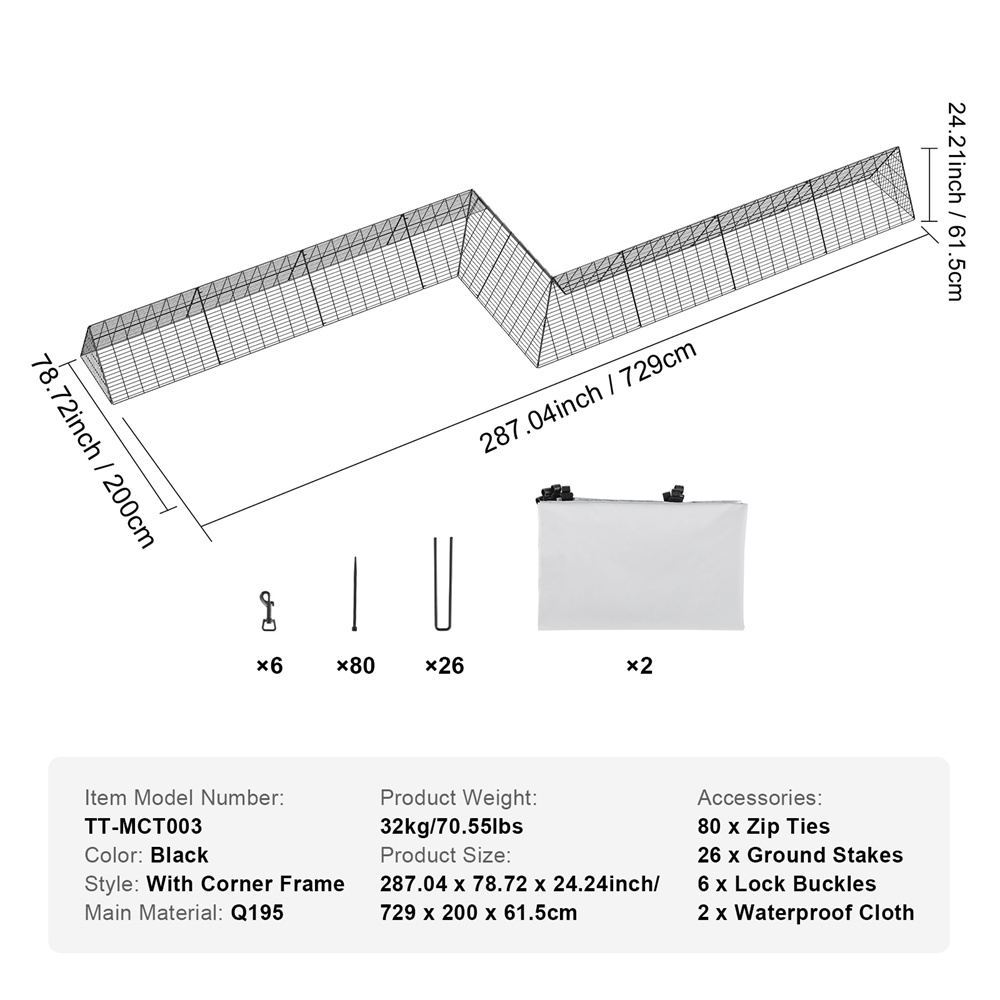 Chicken Tunnels, 287 X 78.7 X 24.2 Inch LxWxH Chicken Tunnels For Yard, Portable Chicken Tunnels For Outside With Corner Frames, 2 Sets, Suitable For Chickens, Ducks, Rabbits — imagen 6