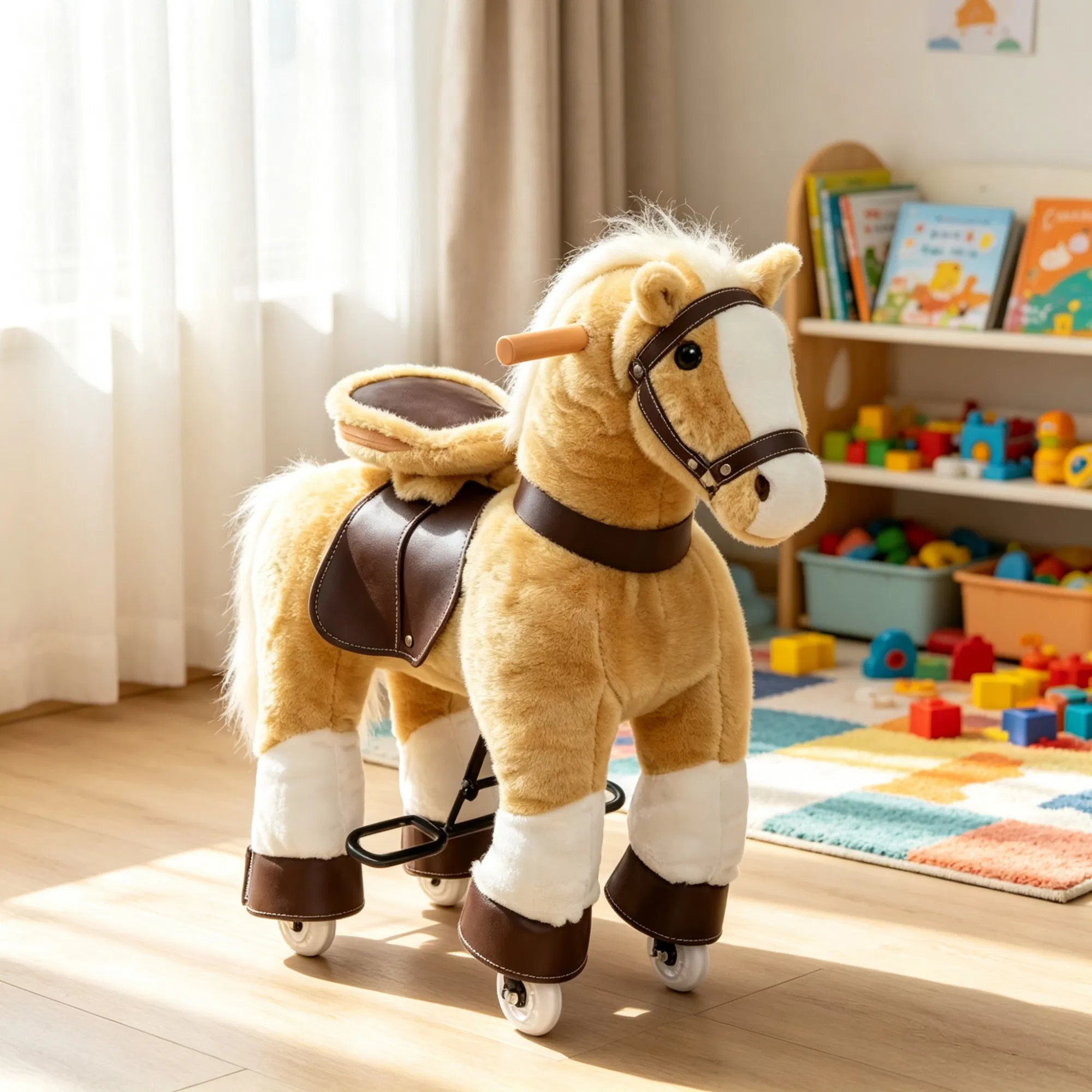 Light Brown Plush Walking Horse Ride-On Toy: Sturdy Wheeled Kids Riding Chair for 3-8 Years Old — imagen 3
