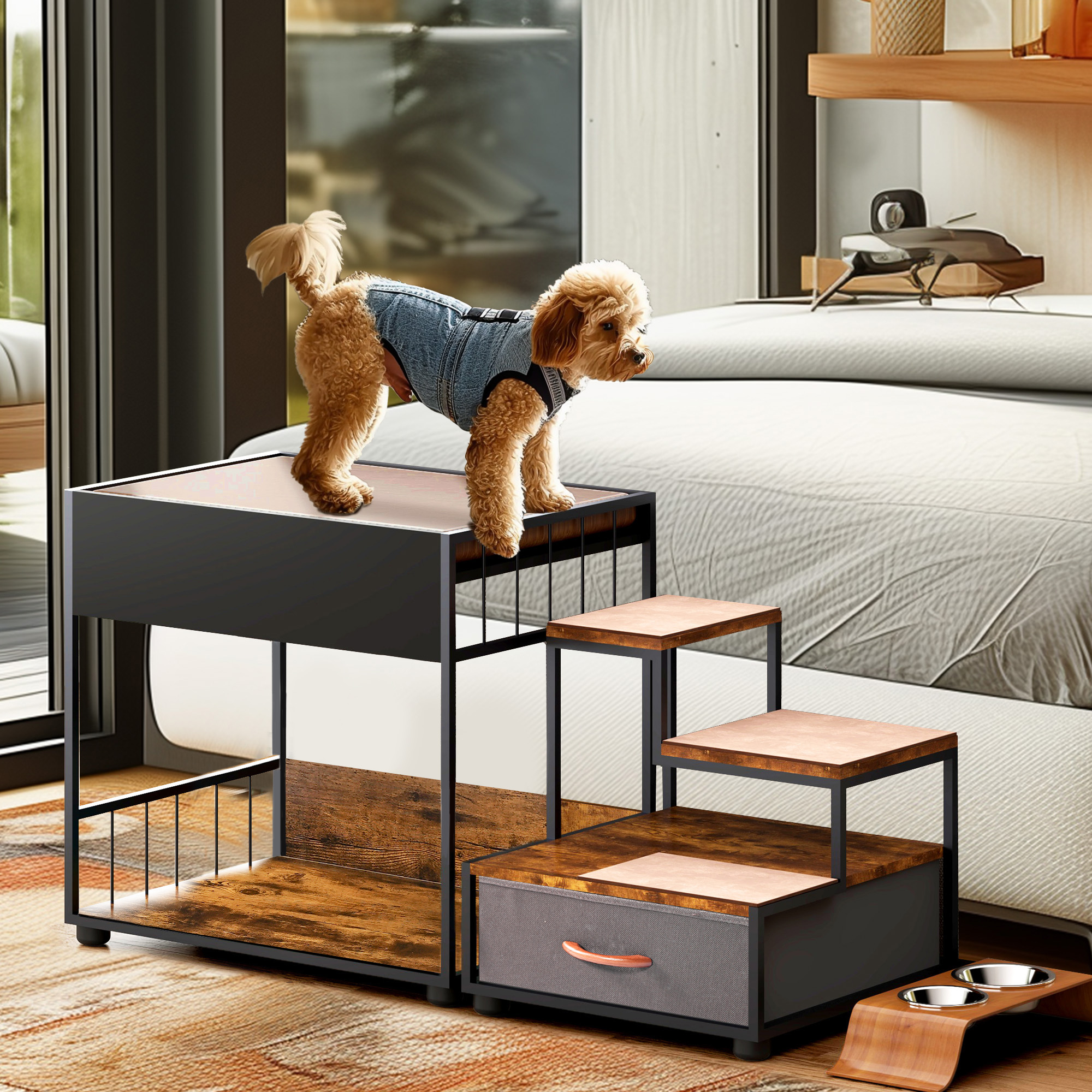 Percha de Ventana para Perros con Escaleras, Cama Elevada Multi-Niveles con Esponja y Almacenamiento, Diseño Vintage — imagen 2