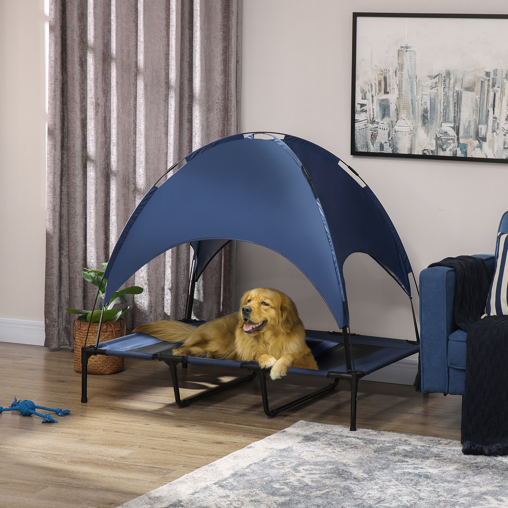 Camastro Portátil Elevado para Perro de 48" x 36" con Toldo de Protección UV, Azul Oscuro — imagen 1