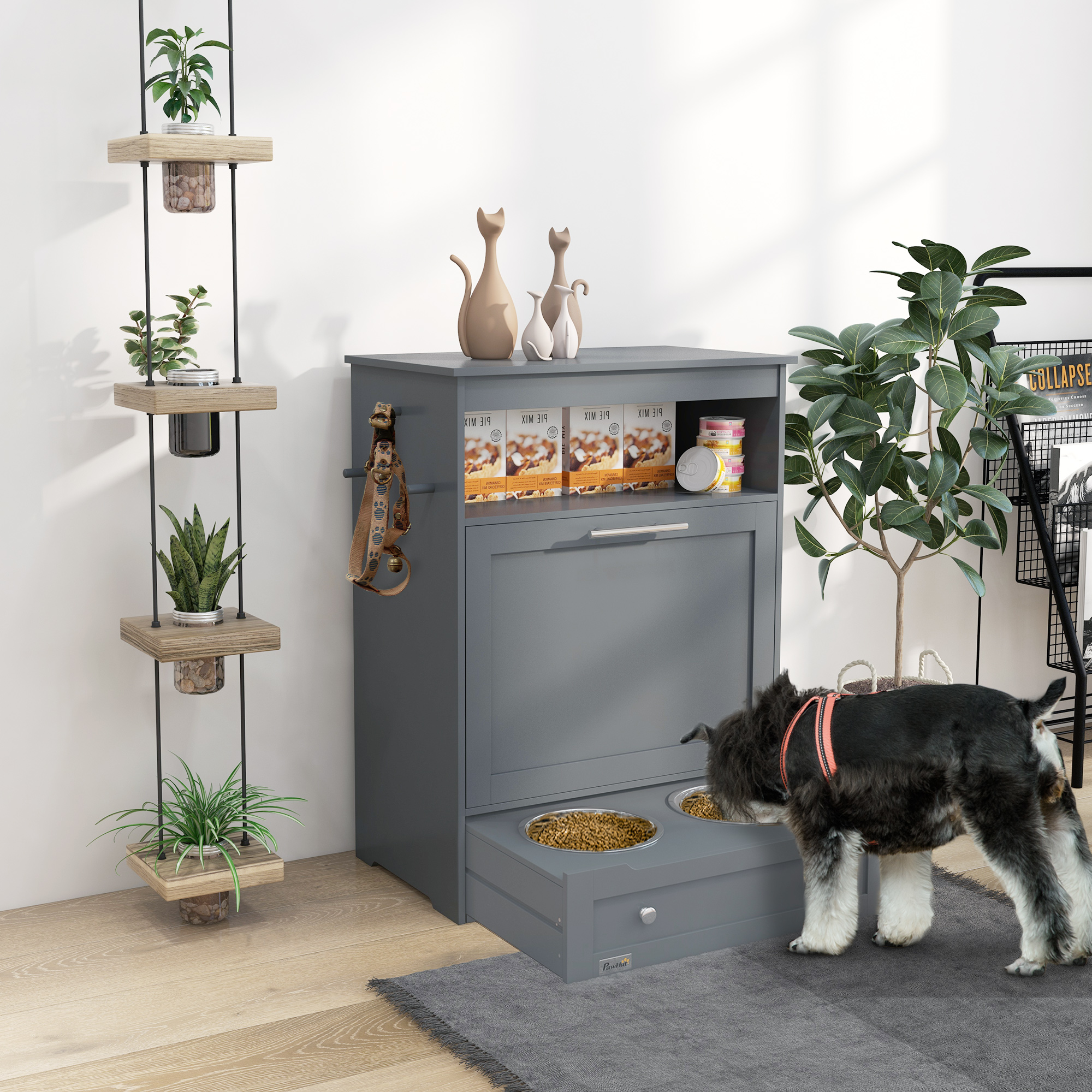 Pet Feeder Station Storage Cabinet, Dog Food Storage Container with Dog Raised Bowls, Watering Supplies, Gray — image 4