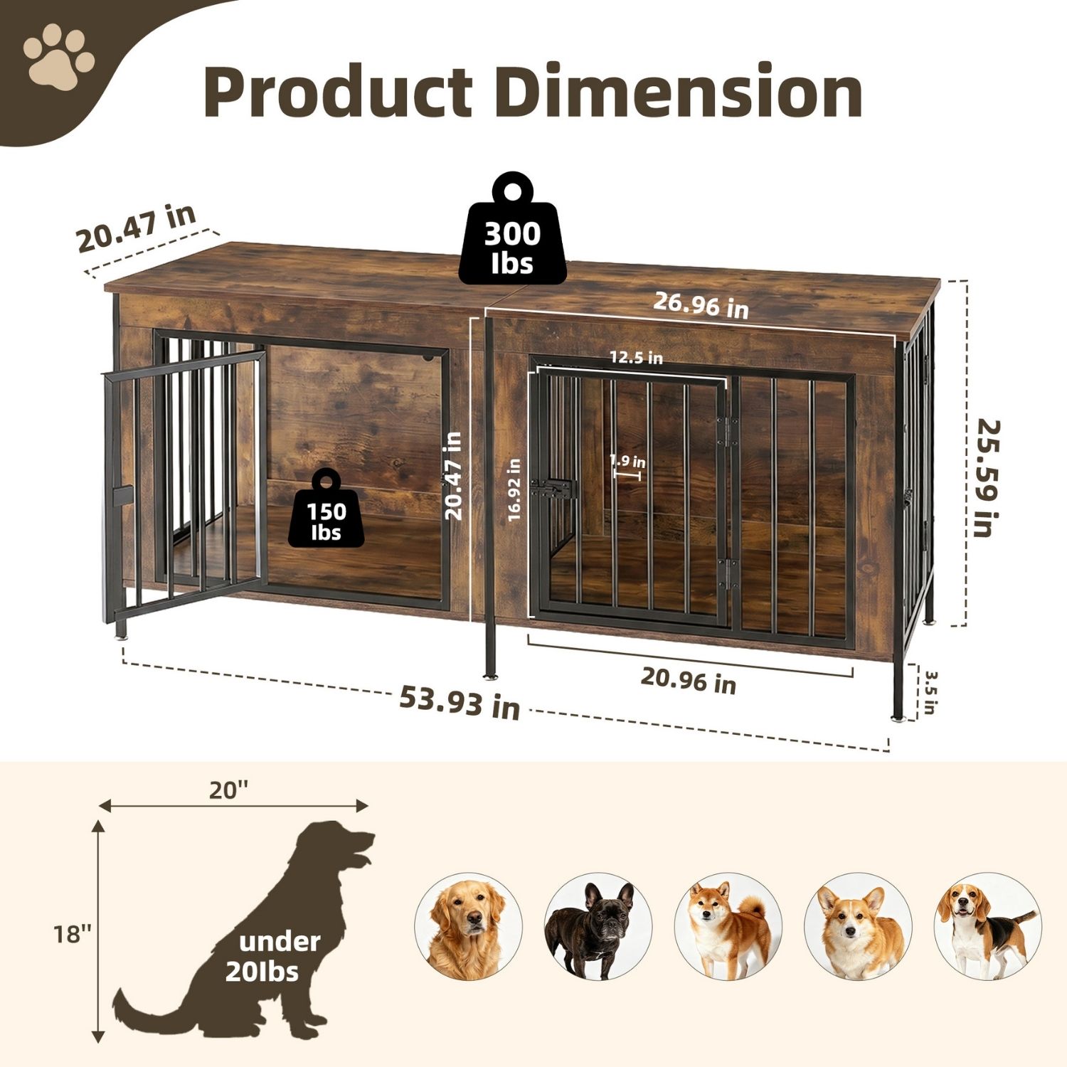 Double Dog Crate Furniture With Divider, Heavy Duty Pet Kennel End Table TV Stand, Extra Large Double Door — image 6
