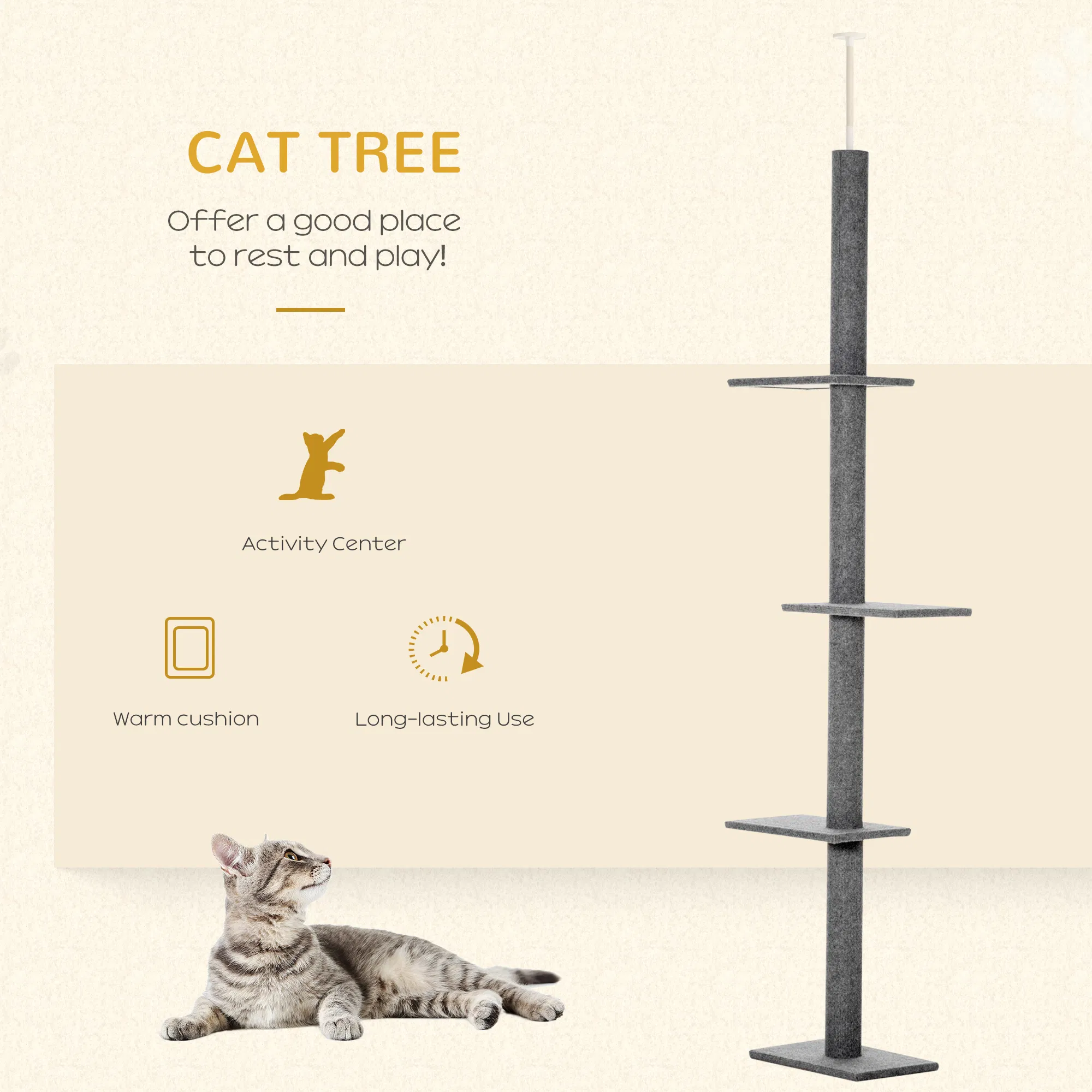 100" Floor To Ceiling Cat Tree w/ 3 Perches Activity Center for Kittens Cat Tower Furniture, Grey — image 2