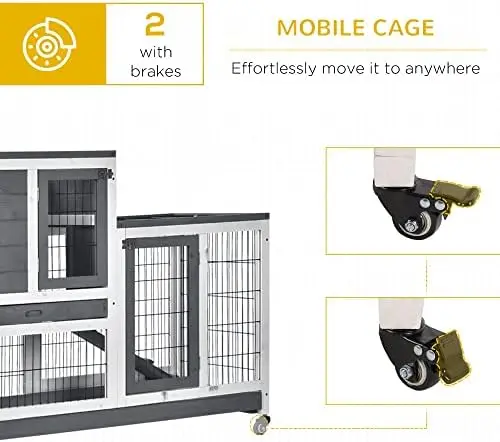 Wooden Rabbit Hutch Elevated Bunny Cage Indoor Small Animal Habitat with Enclosed Run with Wheels, Ramp, Removable Tray — image 6