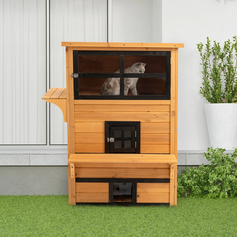 Refugio para Gatos de 3 Niveles con 5 Puertas de Escape, Resistente a la Intemperie, Amarillo y Negro — imagen 8