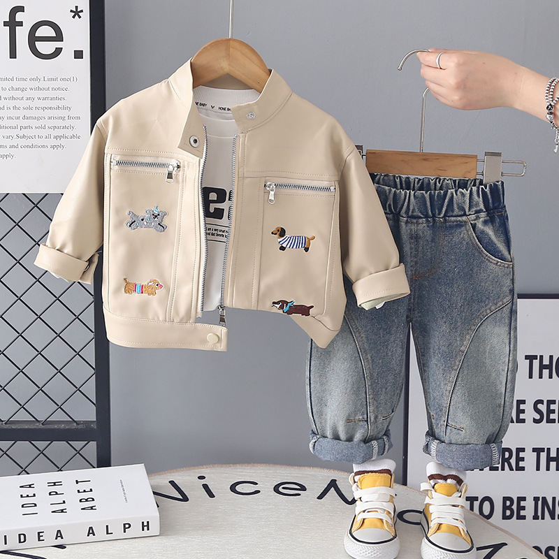 Boys Spring Cartoon Puppy Letter Long Sleeve Hoodie 3 Piece Set — image 2