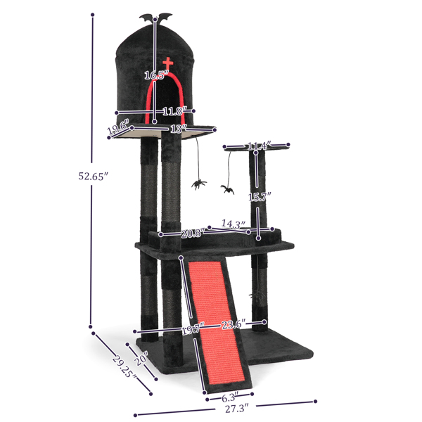 Árbol Gótico para Gatos con Caja de Tumba, Torre para Gatos Grande con Condo Espacioso, Postes de Rasguñado, Juguetes Colgantes de Araña, Tablero de Rasguñado, Mobiliario de Actividades para Gatos de Gran Tamaño en Rojo y Negro — imagen 5