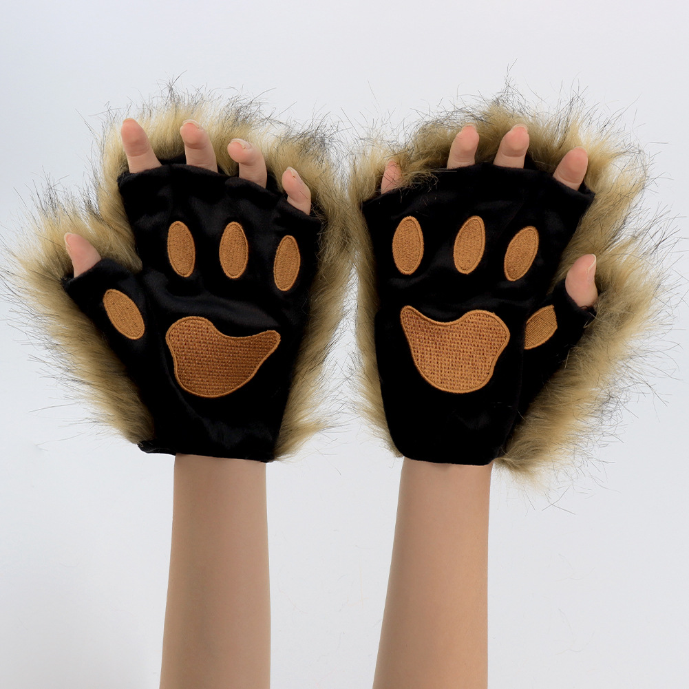 Fuzzy Cat Paw Gloves Halloween Costume Prop Cosplay Wearable Half-Finger Animal Paws Winter Warmth — image 5