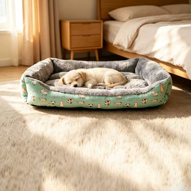 All-Season Pet Bed with Cute Cat Pattern Print, Cotton and Linen Comfortable Bed for Small, Medium, and Large Dogs and Cats — image 1