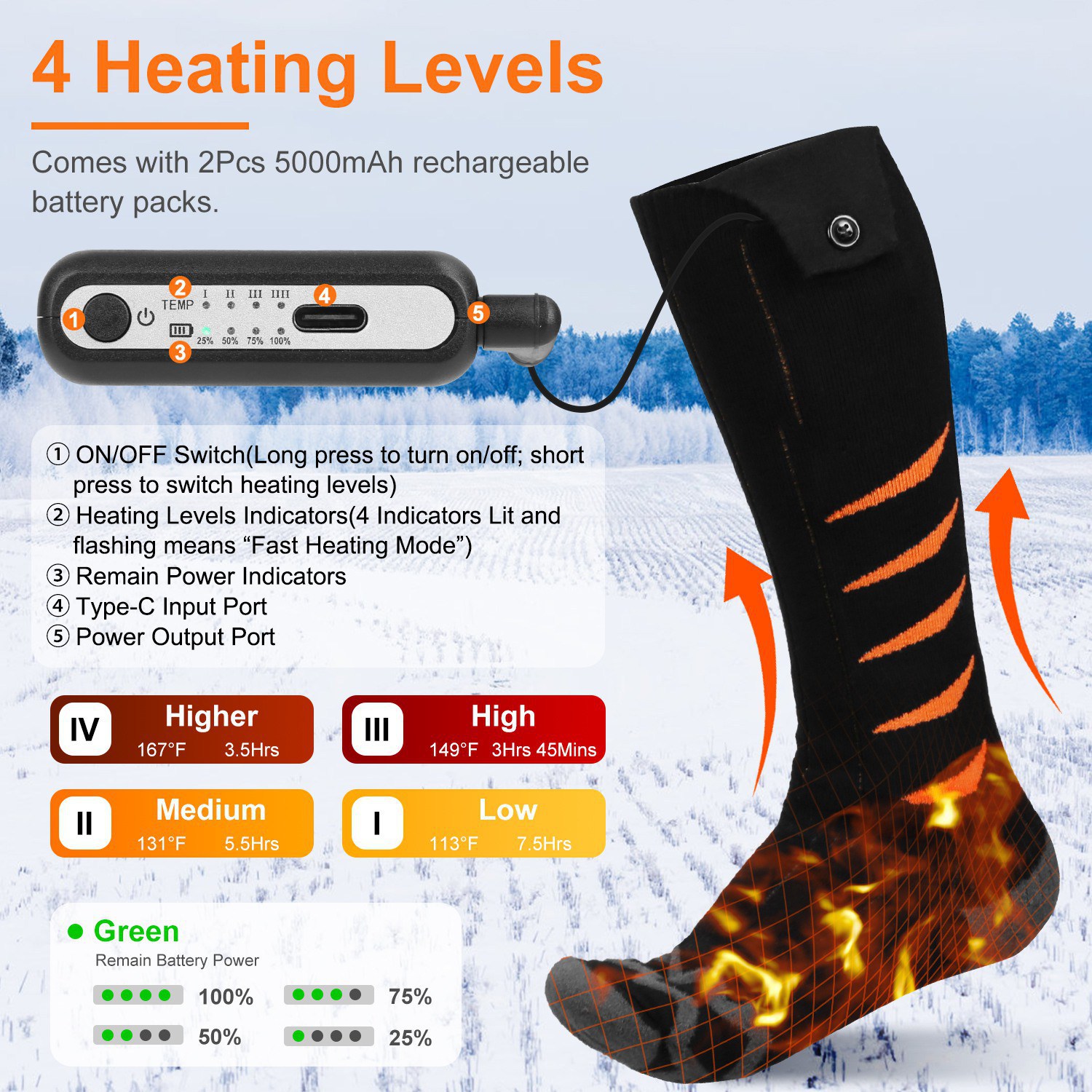 2 Opciones de Tipo - 1 Par de Calcetines Térmicos para Hombre y Mujer, Calcetines Eléctricos Calefactables con Control por APP, Batería Recargable de 5000mAh, Calcetines Térmicos de Invierno para Esquí, Senderismo, Camping y Caza — imagen 2