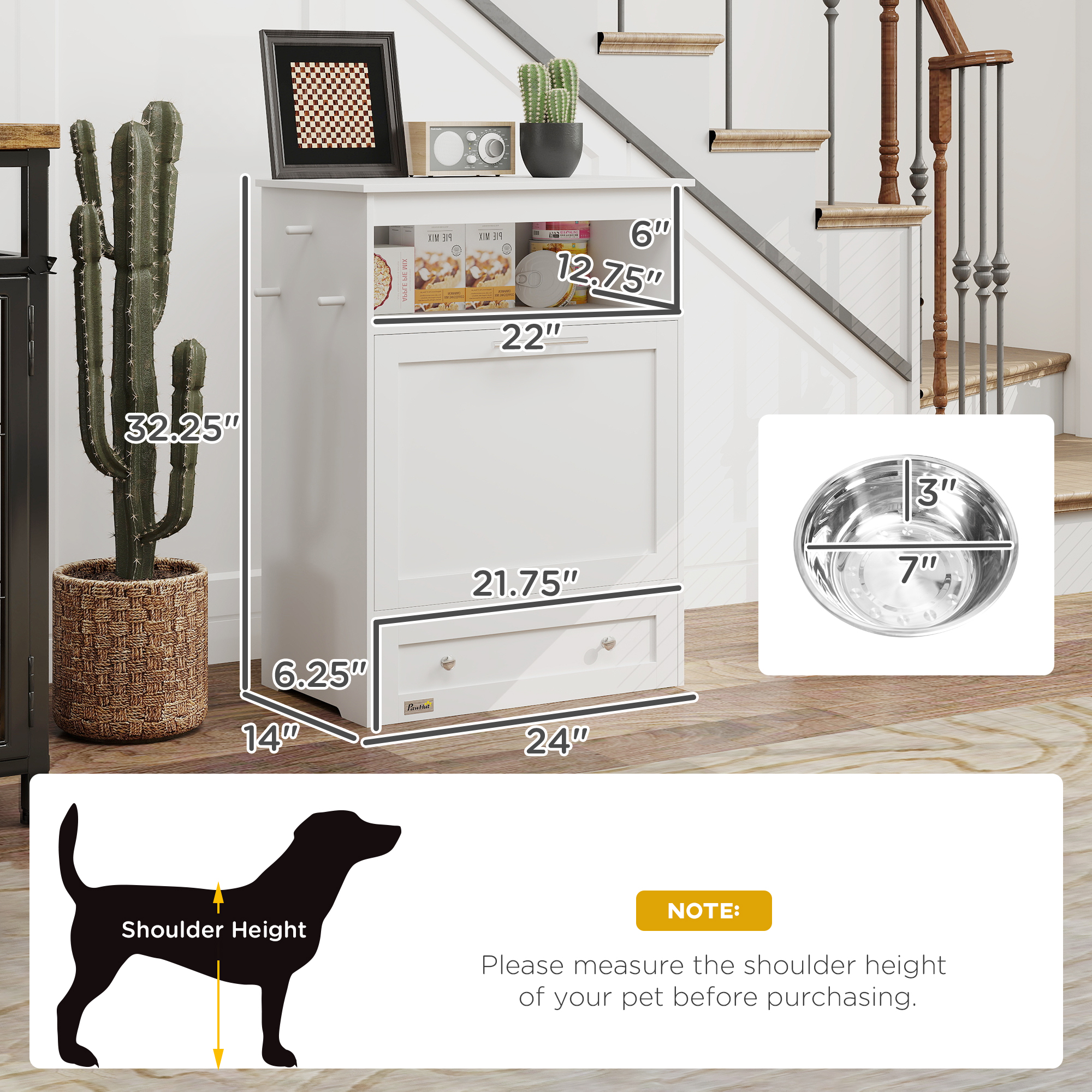 Estación de Alimento para Mascotas, Armario de Almacenamiento con Tazas Elevadas para Perros y Suministros de Agua, Blanco — imagen 2