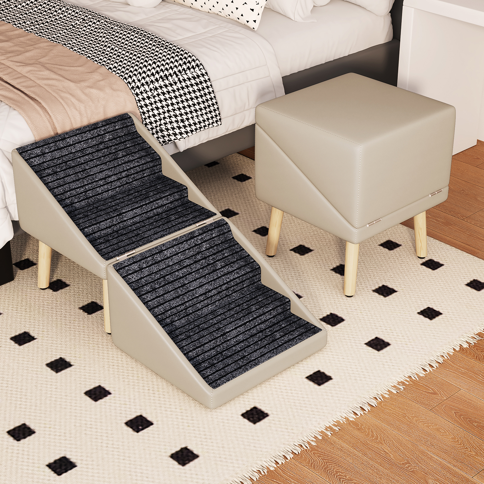Paso para Perros para Cama y Sofá - Escaleras de Madera 2 en 1 para Perros Grandes, Medianos y Pequeños, Diseño Split con Superficie Antideslizante Gris Claro — imagen 14