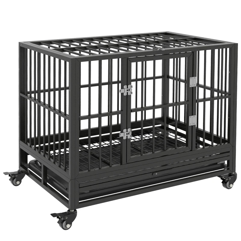 Heavy Duty Dog Crate Metal Cage Kennel With Lockable Wheels, Double Door And Removable Tray, Gray — imagen 6