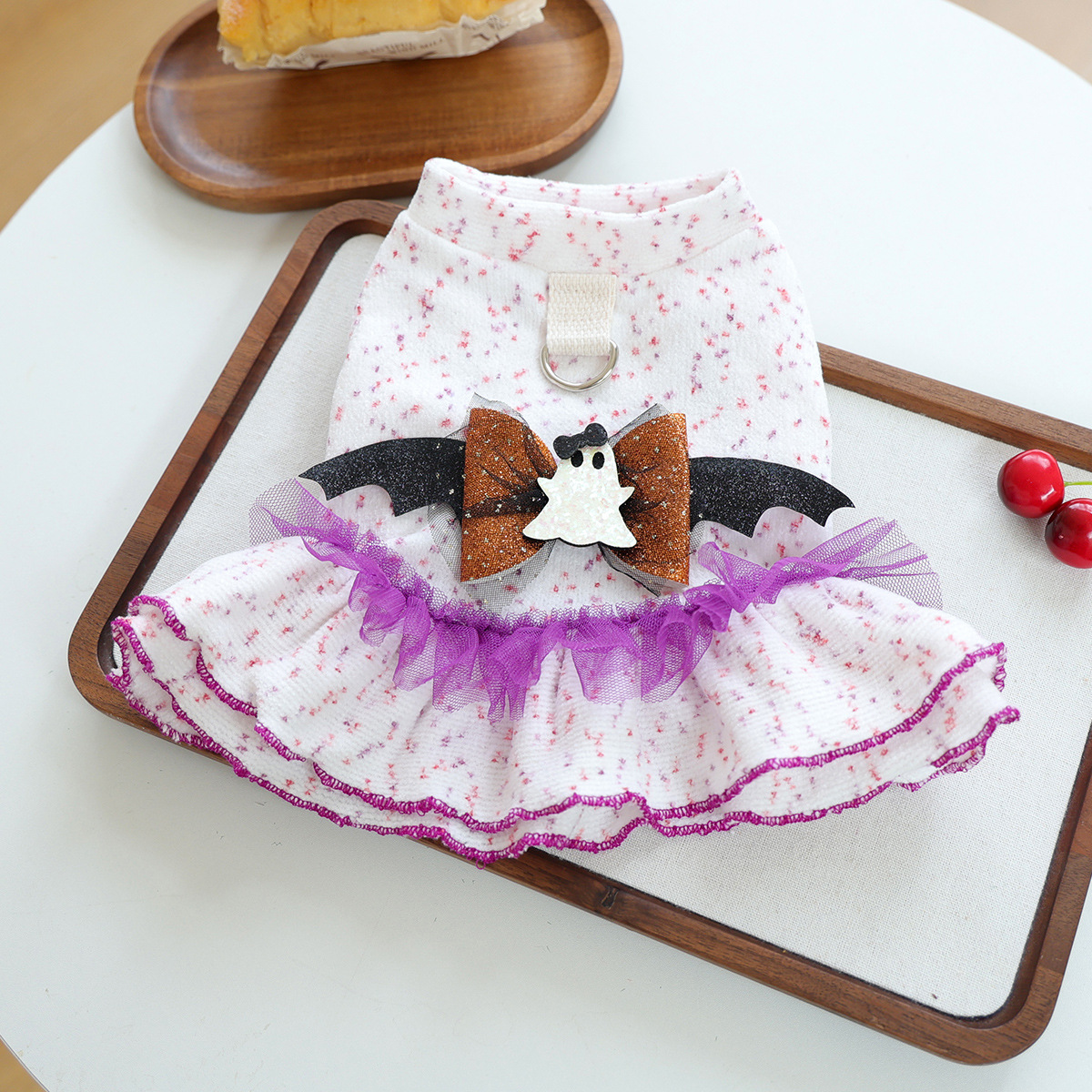 Ghost Bat Halloween Pet Tulle Dress with Leash for Small Cats and Dogs, Purple Mesh Costume for Festival Party — image 5