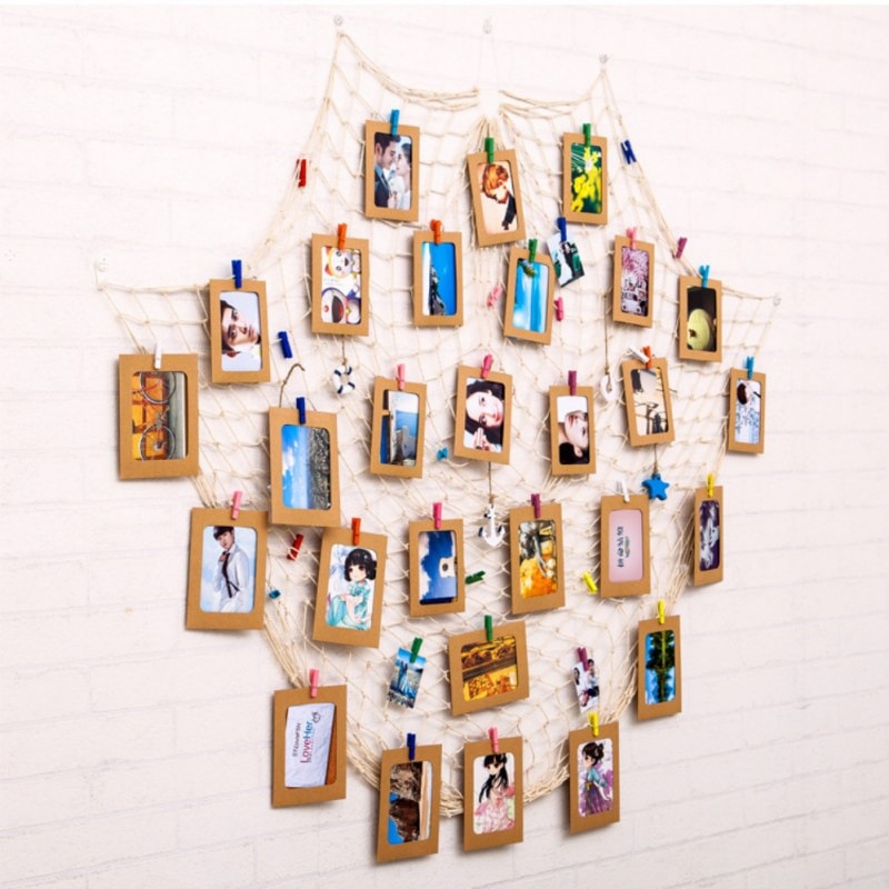 DIY Hanging Picture Photo Frame Display with Clip and Fishing Net Rope Wall Decor Props Wall Decor Photo Frame Set — image 1