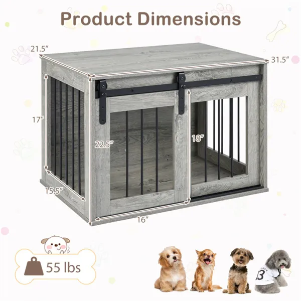 Jaula-Mueble para Perro de 31.5" con Puerta Corrediza Estilo Granero, Mesa Auxiliar/Casa para Perro de Madera para Interiores - Gris — imagen 4