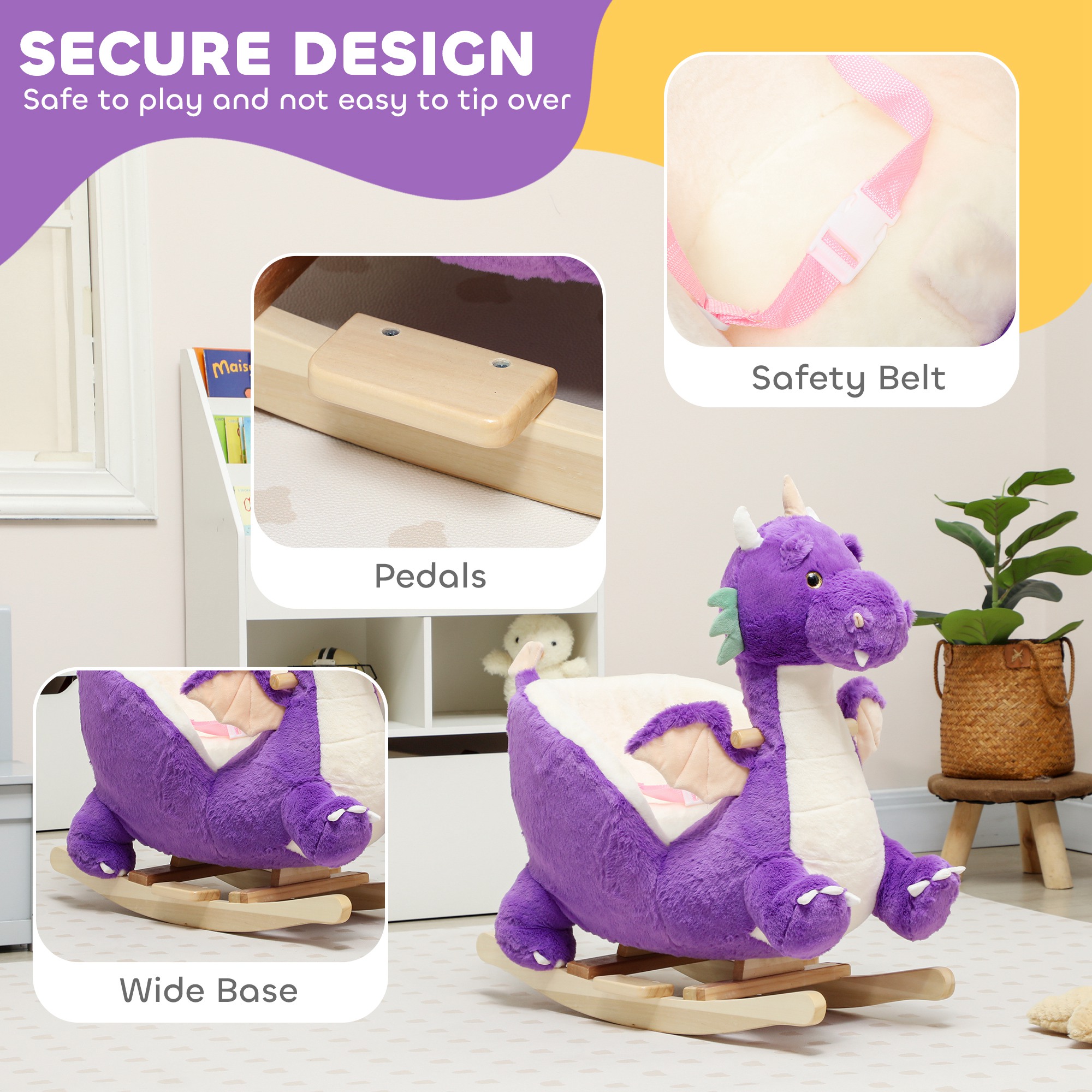 Baby Rocking Horse, Kids Ride On Dragon Toy with Realistic Dragon Roar and Safety Belt for Kids 18–36 Months, Purple — image 5