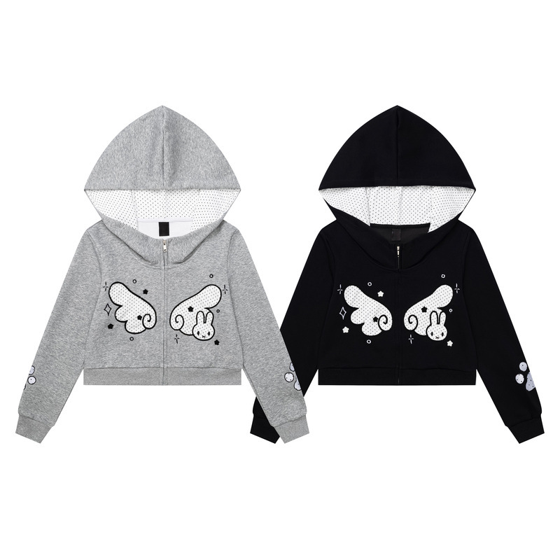 Grey short rabbit wing printed hooded cardigan — image 4