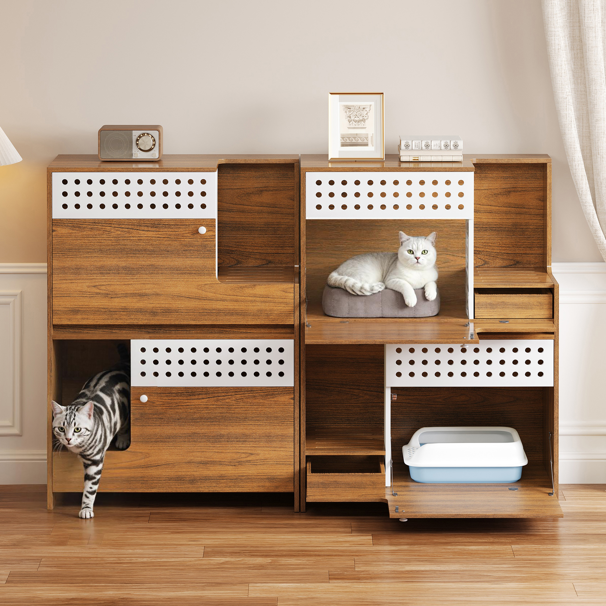 2-Piece Of Modern 2 IN 1 Cat Furniture Set, Cat Litter Box Enclosure Side Table, Cat House With Storage, For 2 Small-Medium Sized Cats - BROWN — imagen 3