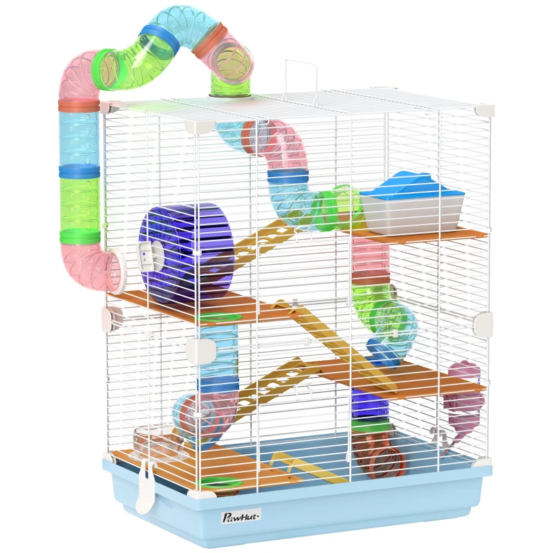 5 Tiers Hamster Cage Portable Animal Travel Carrier W Exercise Wheels Tube, Light Blue — imagen 11