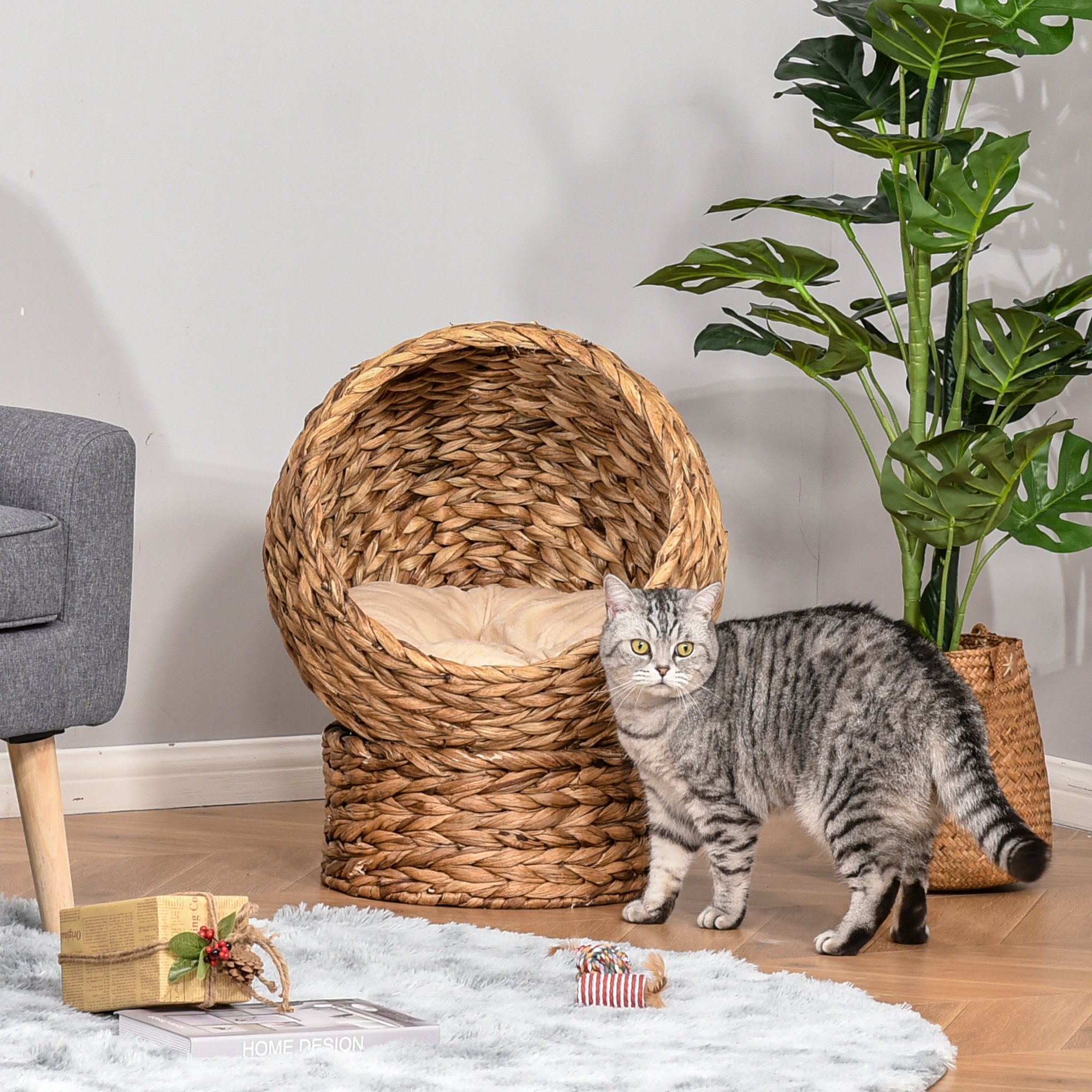 Cama para Gatos tejida a mano con forma de silla de huevo y cesta, casa elevada para gatos domésticos con base, 23.5" de alto, marrón claro — imagen 1