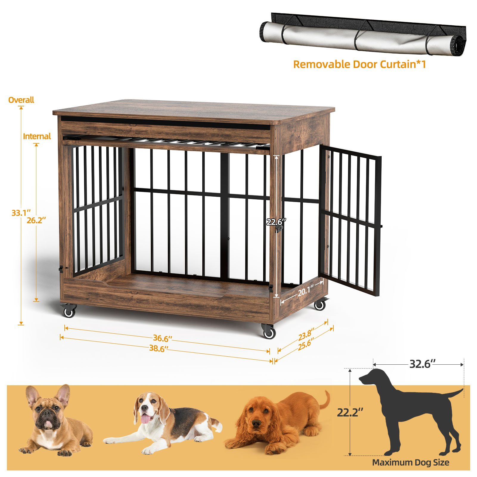 Dog Crate Furniture, Double Door Wooden Indoor Dog Kennel Furniture, Decorative Pet Cage End Table With Wheels For Large And Medium Breed Dogs, Size L, Greige — image 23