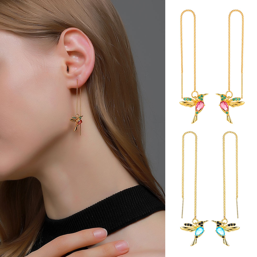 Fashion Jewelry New Unique Little Bird Drop Long Hanging Hummingbird Earrings For Women Elegant Girl Tassel Crystal Pendant Earring Jewelry — image 1