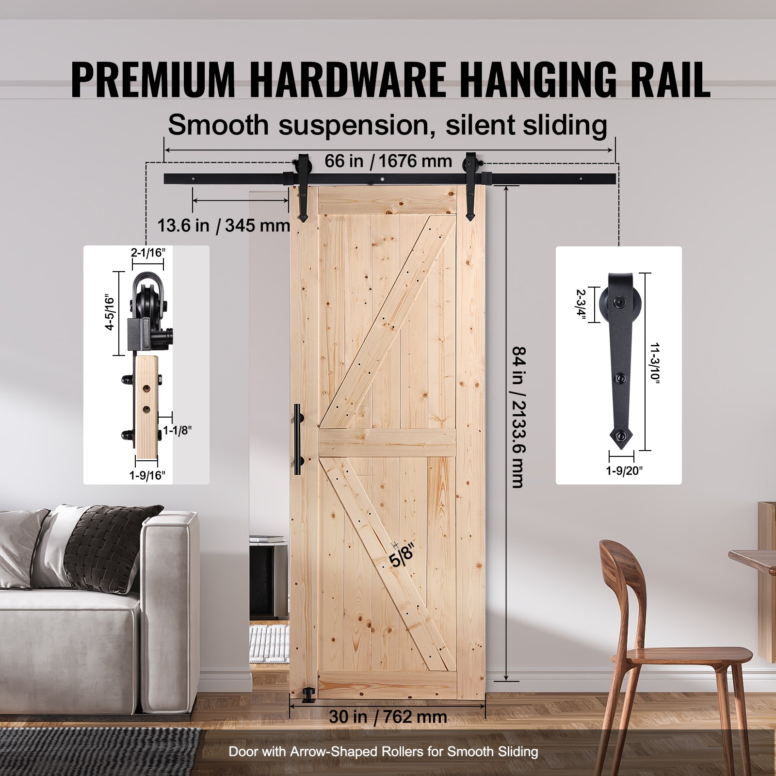 Kit de Puerta de Granja y Accesorios, 30" x 84", Puerta de Granja de Madera con Rodamiento Suave y Silencioso, Conjunto con Guía de Piso 8-en-1 y Manija, Tablero de Panel de Abeto de Alta Calidad, Fácil de Instalar — imagen 2