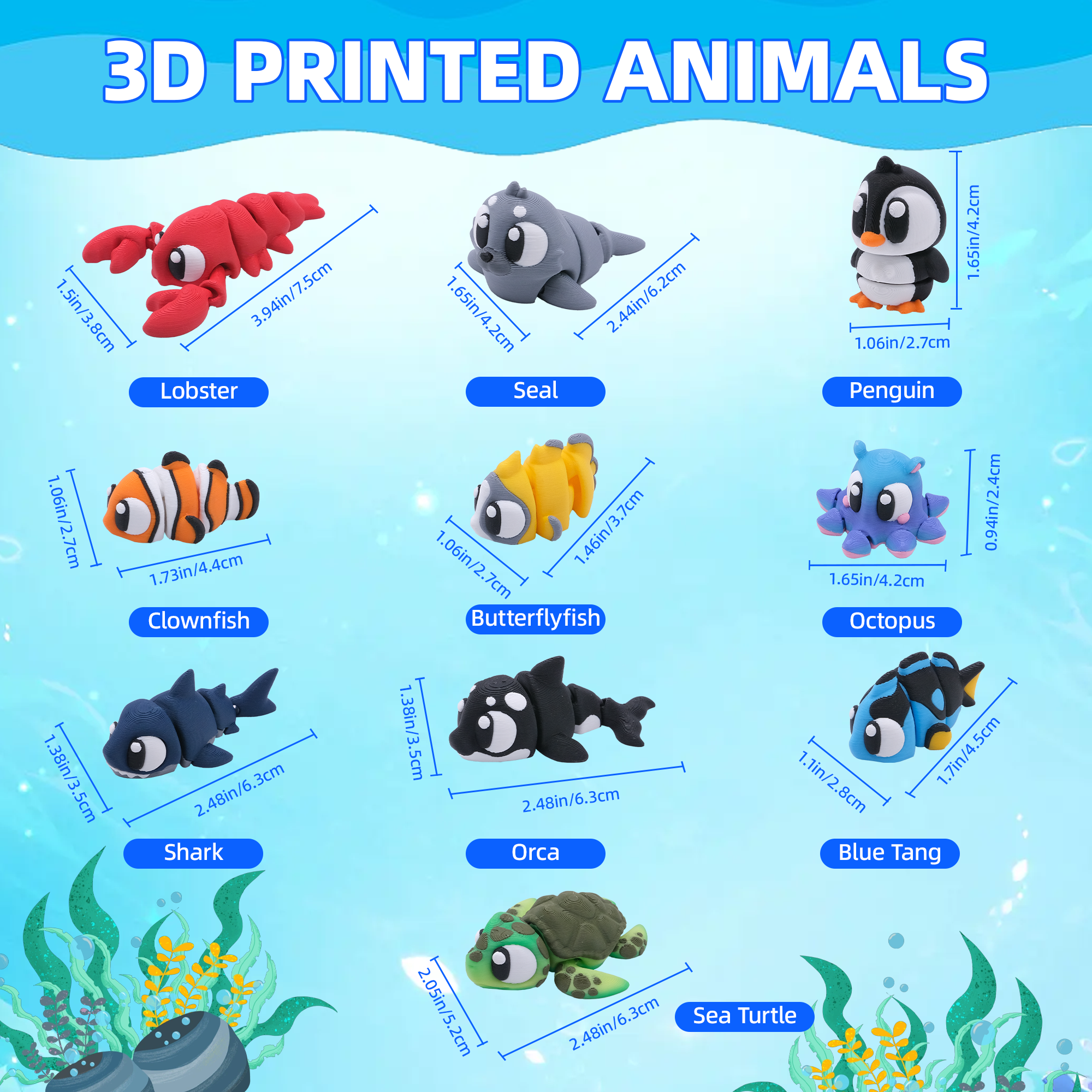 10PCS 3D Printed Ocean Animal Figurine Set, Mini Sea Creature Decorations With Shark, Turtle, Penguin, Fish, Octopus And Lobster, Desk & Miniature Display Set — image 5
