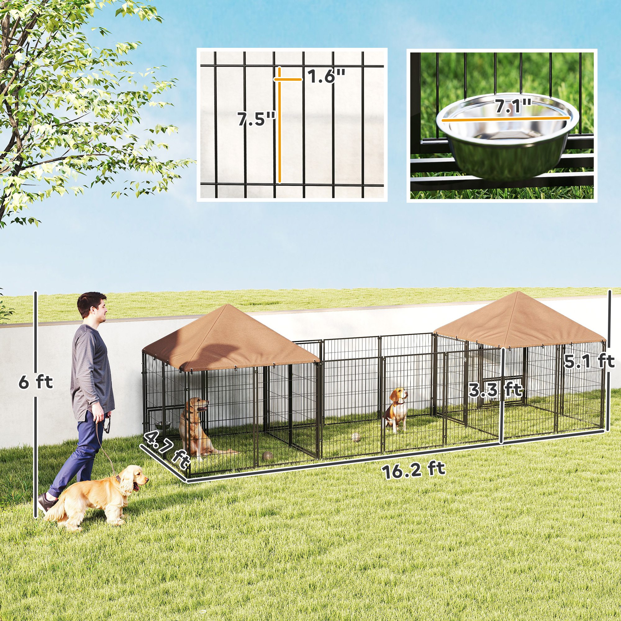Large Outdoor Dog Kennel with 2 Rooms, Rotating & Adjustable Height Bowls, Waterproof & UV-Resistant Canopy — imagen 3