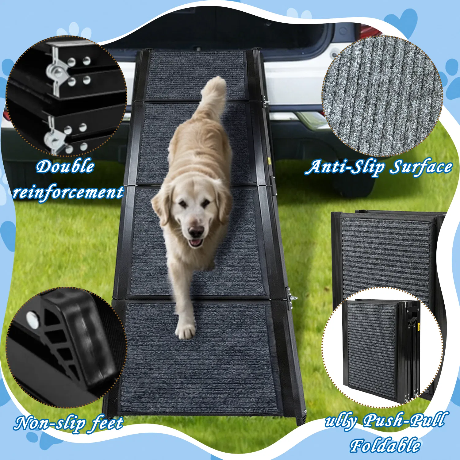 71" Long & 19" Wide Folding Dog Ramp for Car, SUV & Truck – Portable Pet Ramp with Non-Slip Surface, Extra Wide Steps — image 4