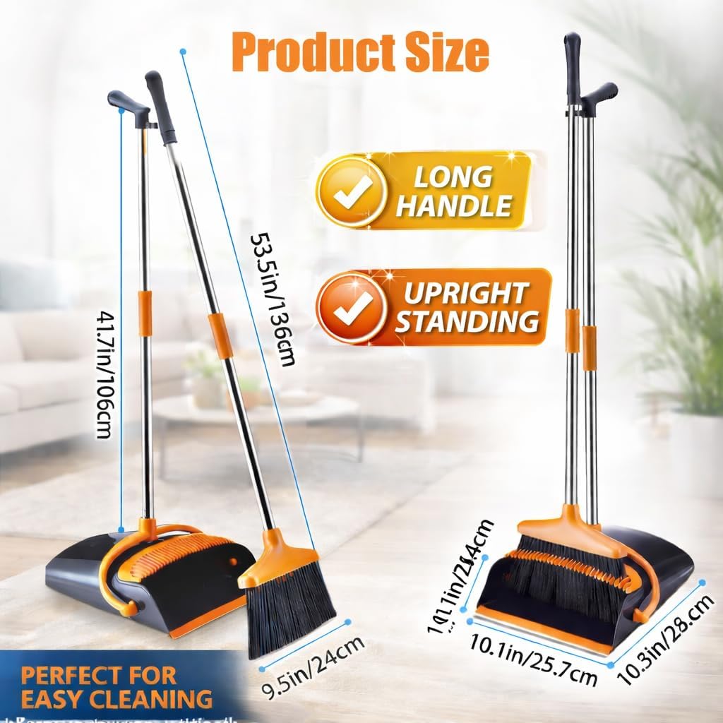 Long Handle Broom And Dustpan Set, Upright Self-Cleaning Combo With Windproof Dustpan And 6 Bonus Tools For Pet Hair Cleaning — image 5