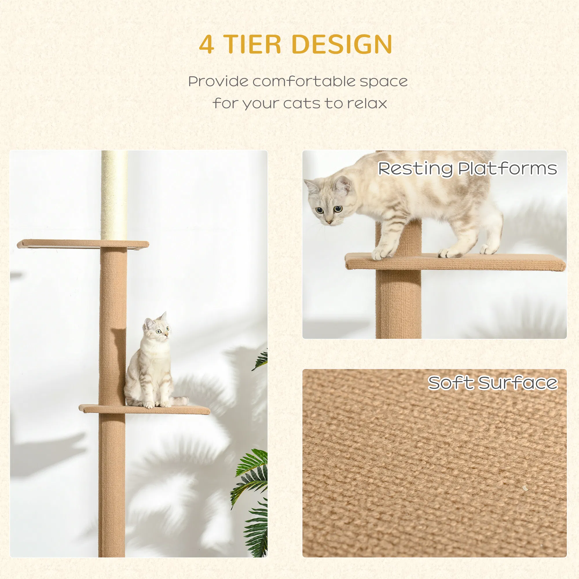100" Floor To Ceiling Cat Tree w/ 3 Perches Activity Center for Kittens Cat Tower Furniture, Brown — image 5